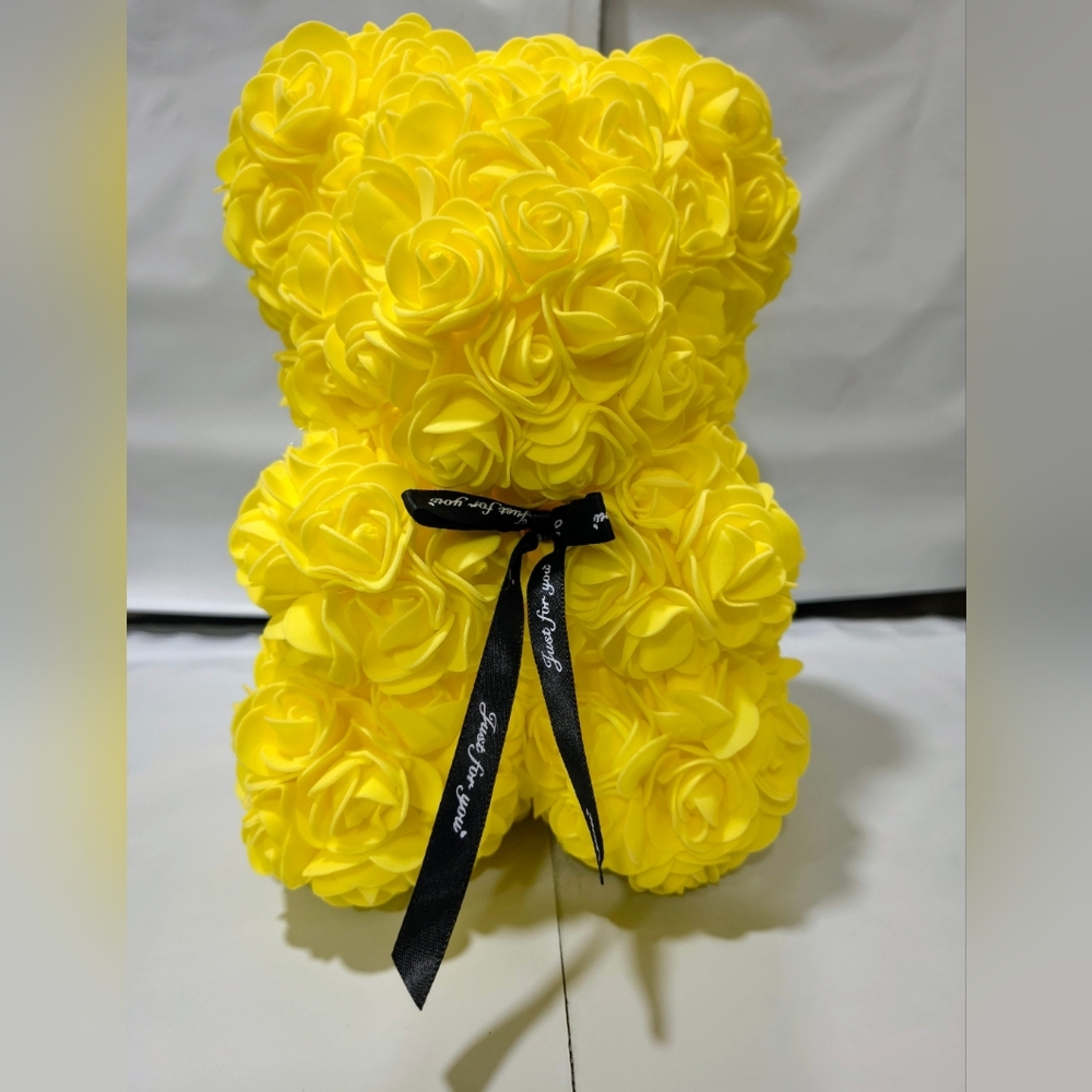 Yellow Rose Teddy Bear with Black Ribbon